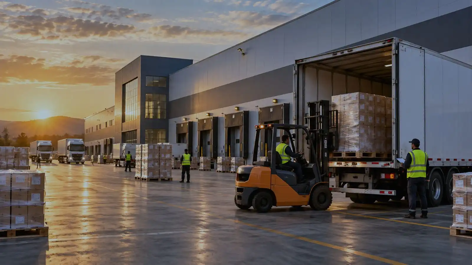 Carico di un semirimorchio accostato alla banchina: un carrello elevatore solleva un pallet avvolto, un operatore controlla un documento.