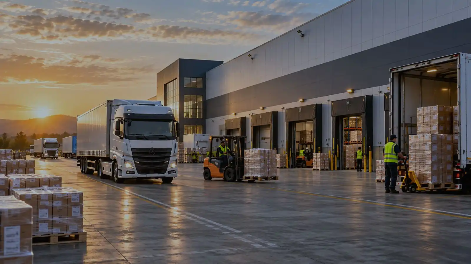 Piazzale di un polo logistico al tramonto: una fila di banchine di carico, un autoarticolato in manovra e un carrello elevatore che sposta un pallet.